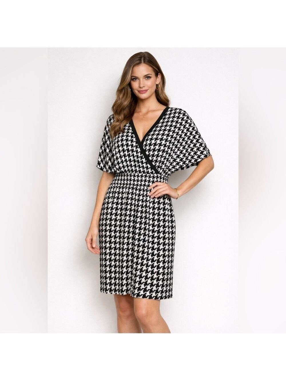 Vince Camuto Houndstooth Faux Wrap Dress Size 8 Dolman Sleeve Black White Office